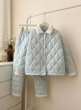 冬季蓝色睡衣女士长袖高级感三层夹棉袄加绒加厚甜美风家居服套装