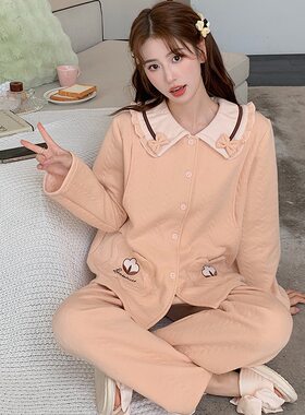 夹层保暖睡衣女胖mm加大春秋冬款产后空气棉月子服睡衣家居服套装