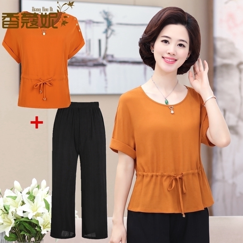 中年女夏装妈妈装40-50岁两件套装短袖中老年
