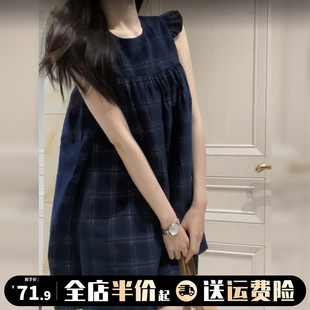 2024新款 蓝色小飞袖 夏季 背心短裙 格子吊带连衣裙子女装 小个子无袖