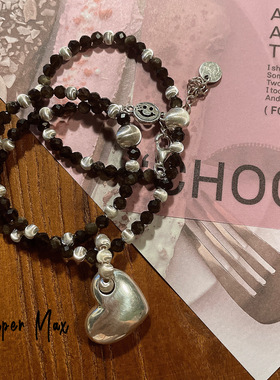 Supermax原创小众设计切面金耀石猫眼925纯银爱心百搭叠戴项链