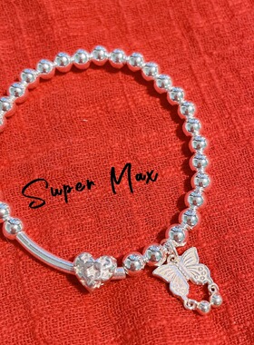 原创小众设计s925纯银爱心蝴蝶素银简约银珠叠戴冷淡风珠珠手链