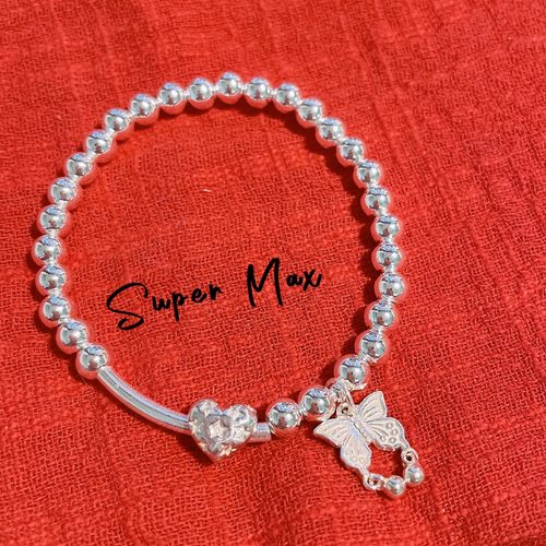 原创小众设计s925纯银爱心蝴蝶素银简约银珠叠戴冷淡风珠珠手链