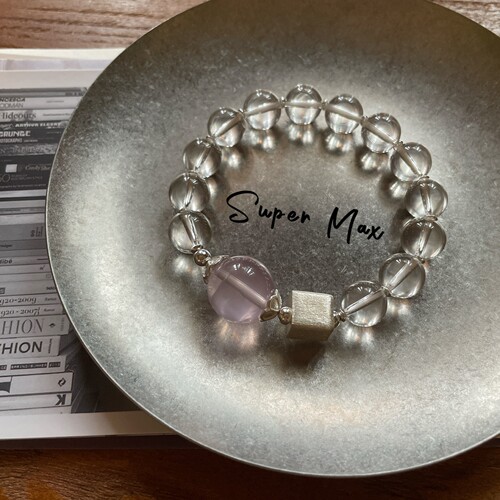 super max原创925纯银拉丝手工银天然粉晶白水晶简约叠戴大珠手链