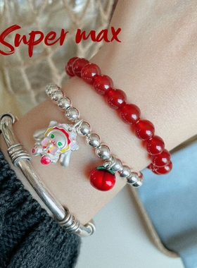 Super max原创小众纯银s925足银999可爱兔兔事事如意银珠叠戴手链