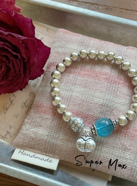 小众设计s925纯银中式做旧精工复古银天然海蓝宝事事如意手链