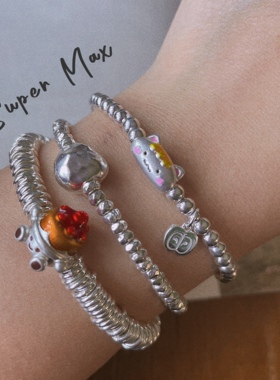 原创设计小众纯银S925法棍小猫小苹果小银珠叠戴简约手链女