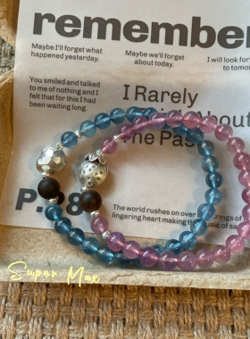 supermax原创S925纯银泰国手工银天然海蓝宝粉晶水晶沉香叠戴手链