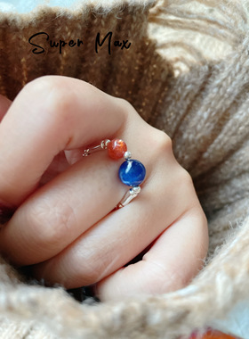 原创s925纯银小众设计蓝晶金草莓水晶竹节弹力叠戴百搭个性戒指