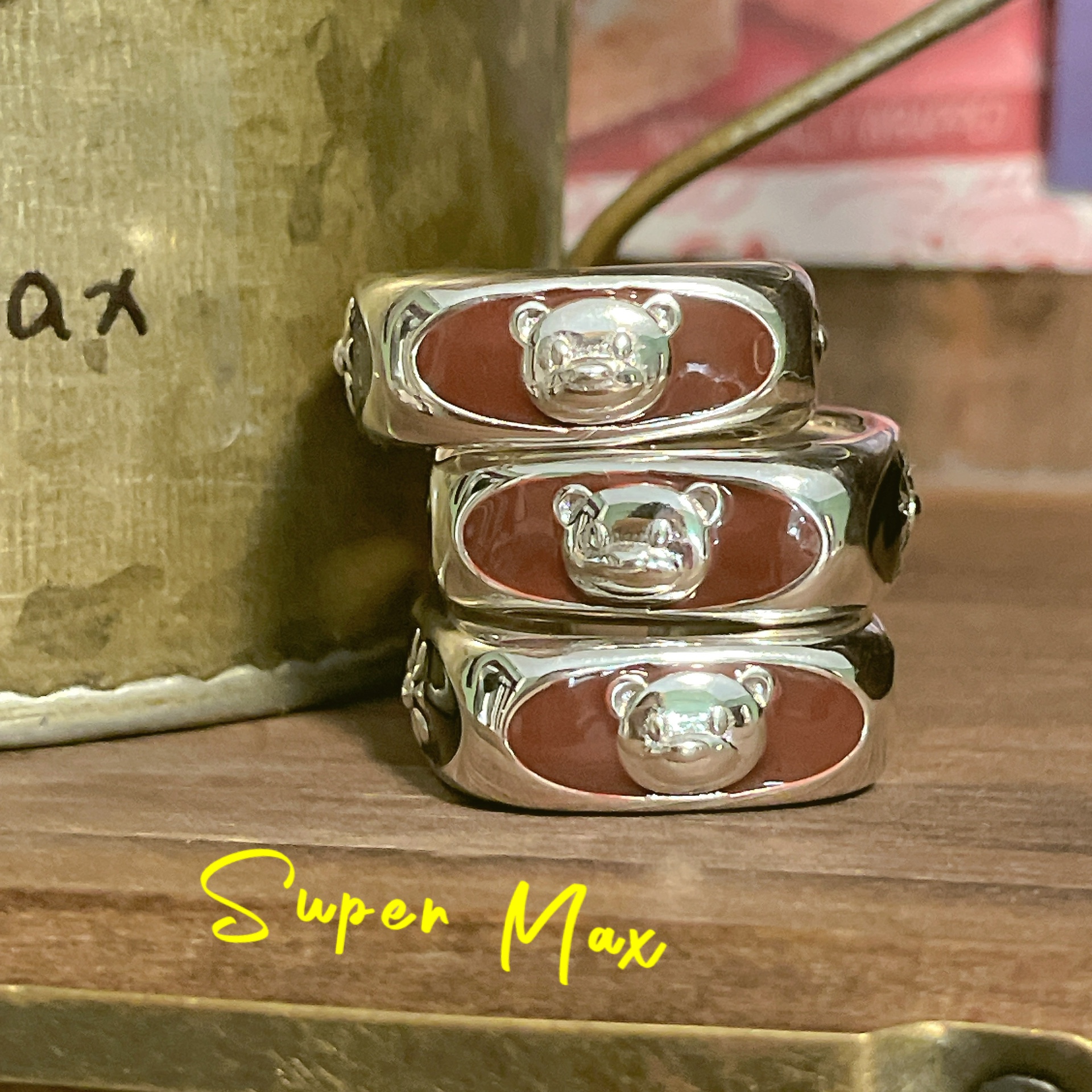 Supermax韩版纯银s925小众设计款滴釉小熊小花方形重工叠戴戒指