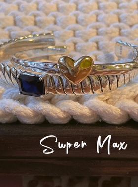 韩国东大门925纯银蓝色锆石爱心简约冷淡风个性ins实心宽手镯