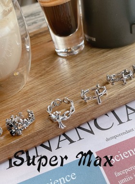 韩国东大门进口925纯银重工小众设计开口十字架叠戴戒指女