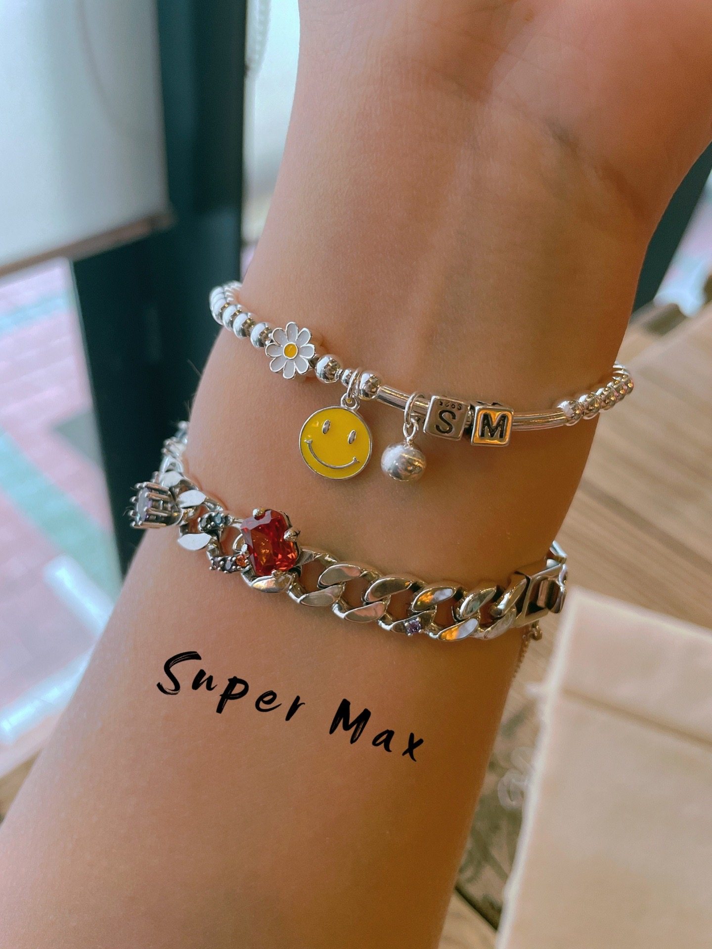 纯银925原创小众设计笑脸小雏菊英文字母百搭叠戴细银珠弹力手链