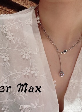 韩版东大门进口纯银925AB版不对称ins风小众设计珍珠十字架锁骨链