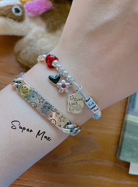 原创设计小众纯银S925笑脸爱心字母牌郁金香银珠ins风百搭手链女