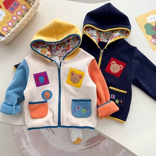25秋冬日系miki儿童外套卡通刺绣小熊连帽双面摇粒绒防风保暖上衣