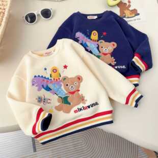 日单miki外贸童装秋冬男女宝长袖恐龙小熊休闲加绒卫衣保暖T恤衫