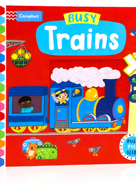 2022新版Busy系列 忙碌的火车机关操作书 英文原版绘本 Busy Trains 推拉滑动纸板书0-3岁幼儿童启蒙认知游戏玩具书撕不烂亲子互动