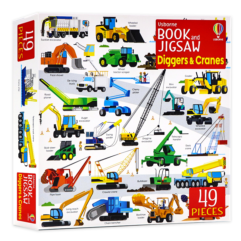 Usborne拼图游戏系列 挖掘机和起重机 英文原版 Usborne Book and Jigsaw Diggers and Cranes 儿童早教益智拼图玩具 内含49片拼图