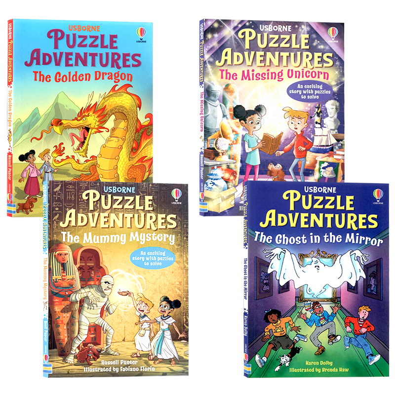 Usborne出品解谜冒险书4册英文原版Puzzle Adventures The Mummy Mystery 木乃伊之谜 黄金神龙 失踪的独角兽亲子互动游戏全彩插画