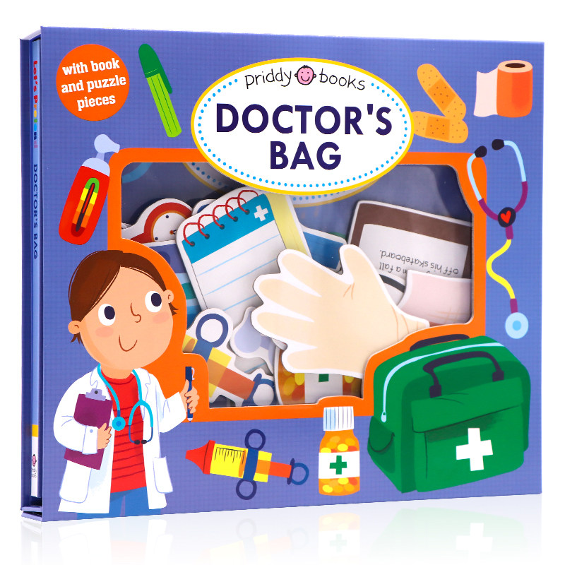 角色扮演操作书医生的药包 Let's Pretend Doctors Bag 互动拼图游戏书英文原版套装玩具书翻翻精装纸板书3岁+宝宝益智开发图书