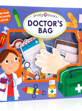 角色扮演操作书医生的药包 Let's Pretend Doctors Bag 互动拼图游戏书英文原版套装玩具书翻翻精装纸板书3岁+宝宝益智开发图书