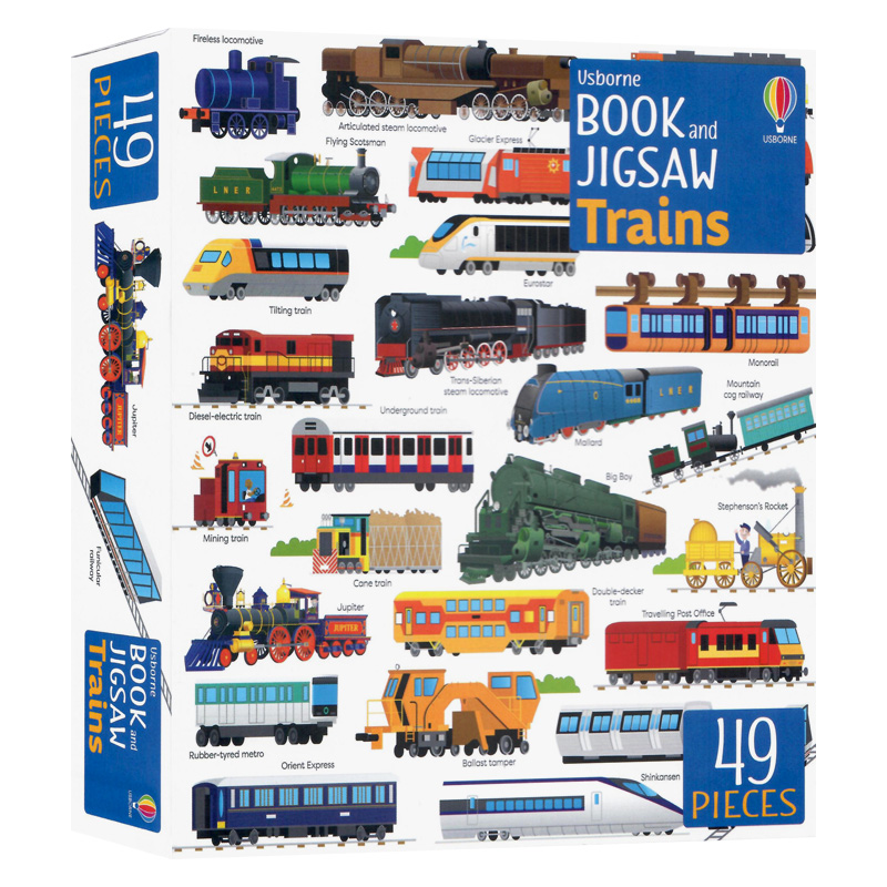 尤斯伯恩图书和拼图火车英文原版绘本Usborne book and jigsaw trains含49片拼图儿童早教益智拼图亲子互动思维训练玩具书盒装
