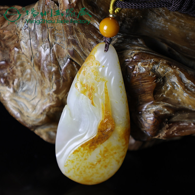 玉缘和田玉新疆和田白玉籽料松鹤延年玉质细腻黄皮油性足大师作品