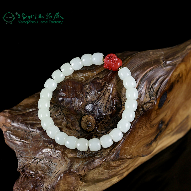 玉缘和田玉新疆白玉山料朱砂笑佛手串链玉质细腻8mm油润男女佩戴