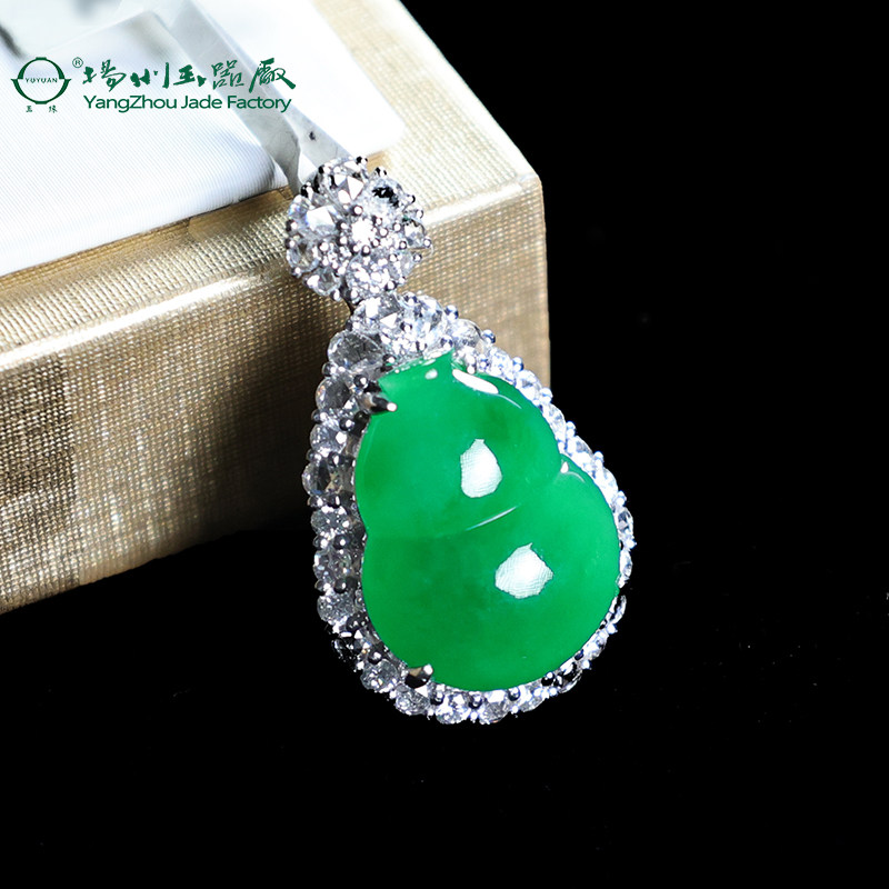 玉缘天然缅甸A货翡翠葫芦吊坠福禄18k金镶嵌冰种正阳绿挂件收藏
