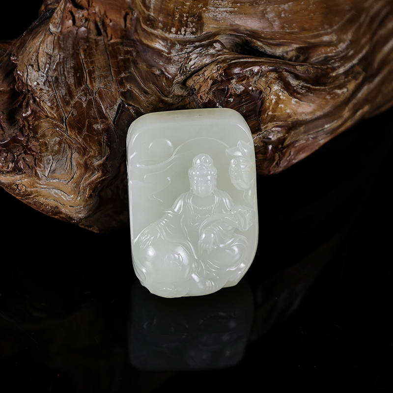 玉缘和田玉新疆和田白玉籽料普贤菩萨吊坠玉质细腻油性足厚实男女