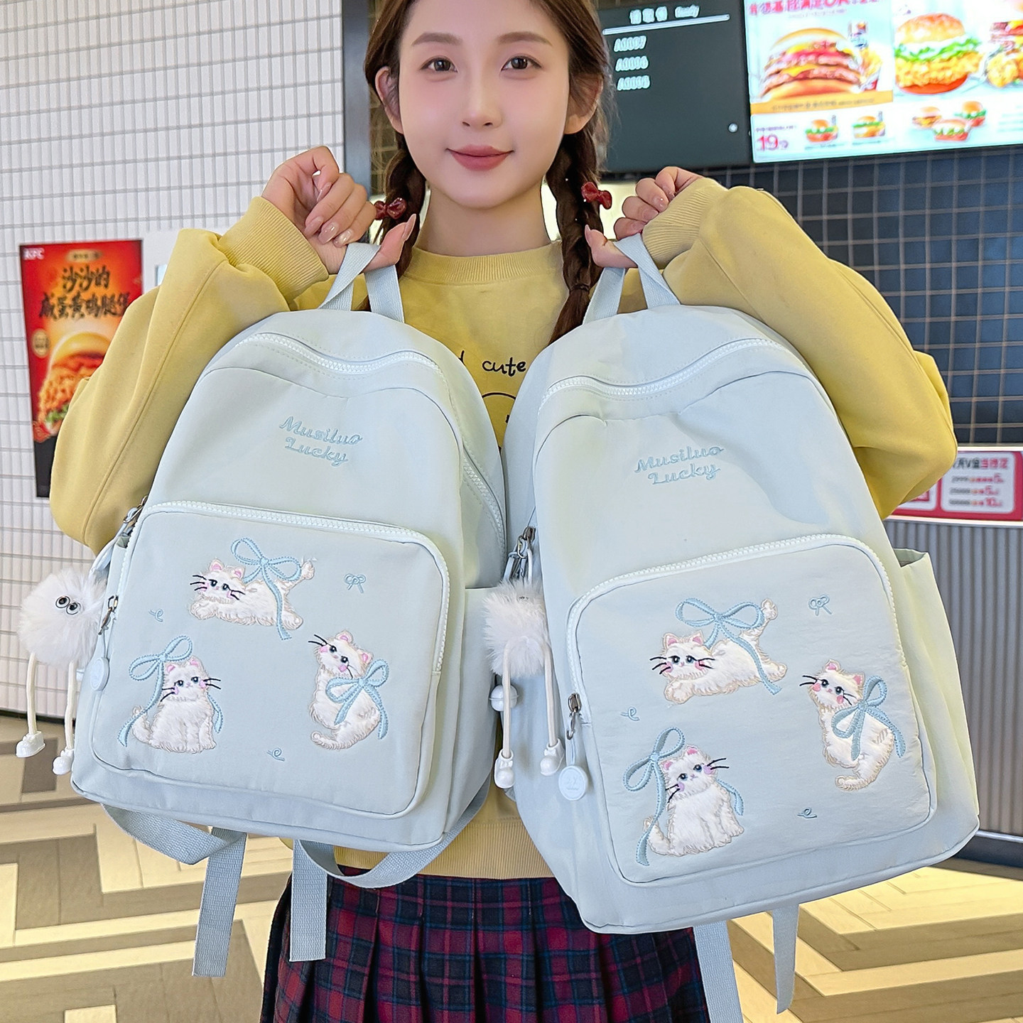 韩版ins风轻便休闲书包学院风学生可爱猫咪少女百搭上课双肩背包