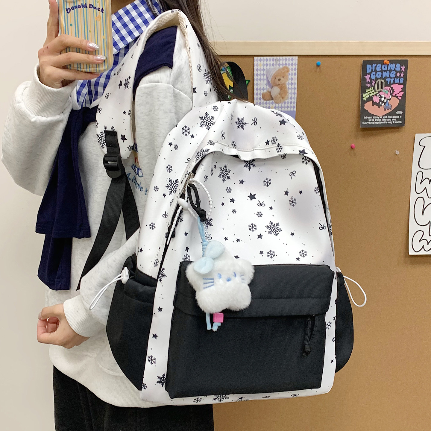 韩版小清新书包女简约时尚百搭雪花印花双肩包初高中学生上课背包,箱包皮具/热销女包/男包,双肩背包,淘宝优惠券,粉丝福利购,淘宝优惠卷