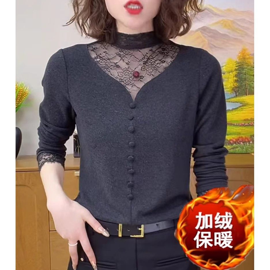 2025年秋冬新款时尚妈妈装蕾丝拼接打底衫洋气女士半高领加绒上衣