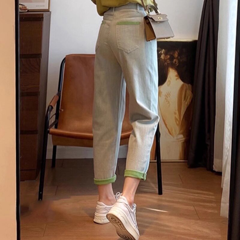 天空蓝撞色牛仔裤女春夏薄款梨形身材大码高腰显瘦卷边哈伦老爹裤