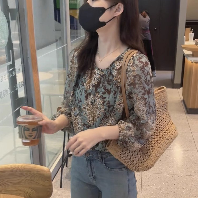 丝滑百搭衬衣女2025新款衬衫长袖上衣春秋季打底漂亮女装小衫碎花