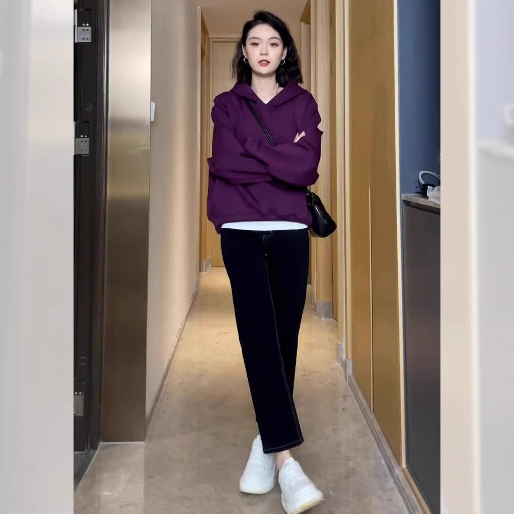 美式复古紫色连帽套头卫衣女春秋2026新款小个子宽松纯色长袖上衣