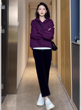 美式复古紫色连帽套头卫衣女春秋2026新款小个子宽松纯色长袖上衣