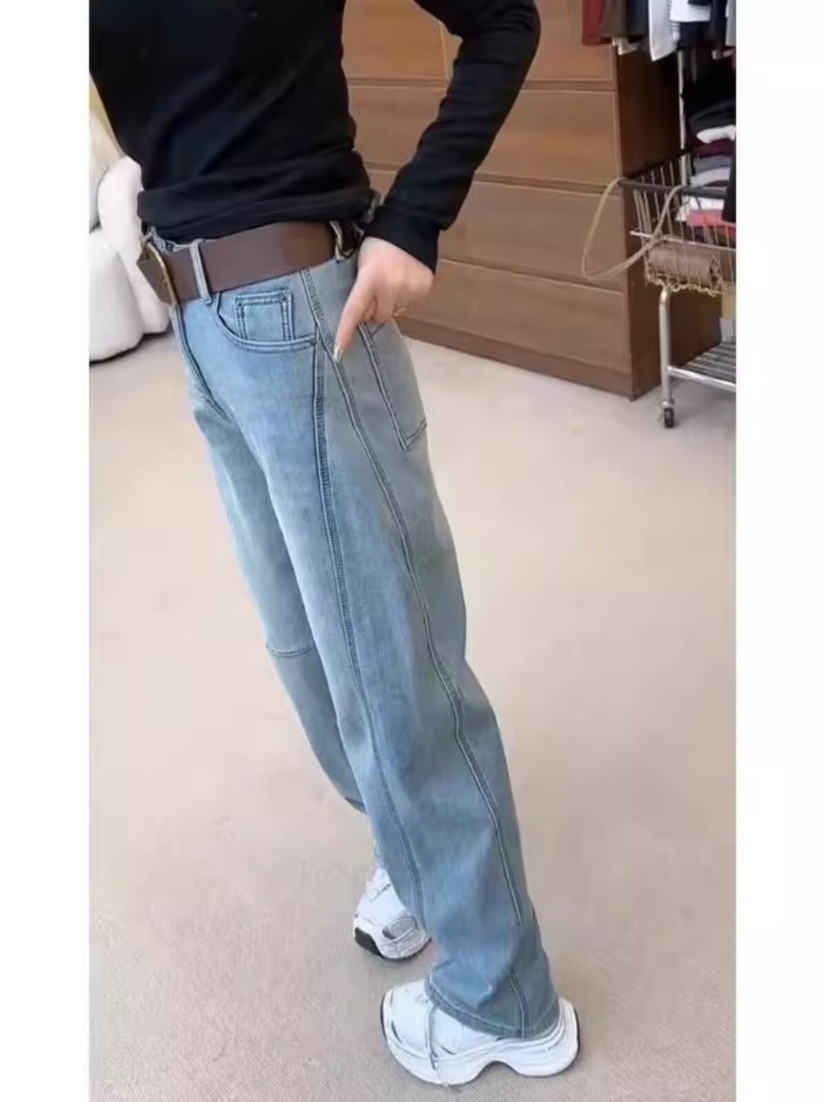 大码窄版牛仔裤女显瘦直筒裤弹力香蕉裤春弯刀裤小个子高腰拖地裤