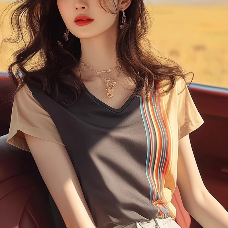 高级感绝美撞色条纹V领短袖T恤女装2025年夏季款宽松时尚洋气小衫