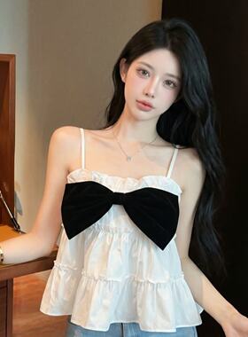 实拍 韩系蝴蝶结花边吊带背心女夏层层荷叶边小众度假风无袖上衣