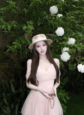 实拍温柔纯欲芭蕾感甜美气质交叉网纱拼接收腰连衣裙约会生日短裙