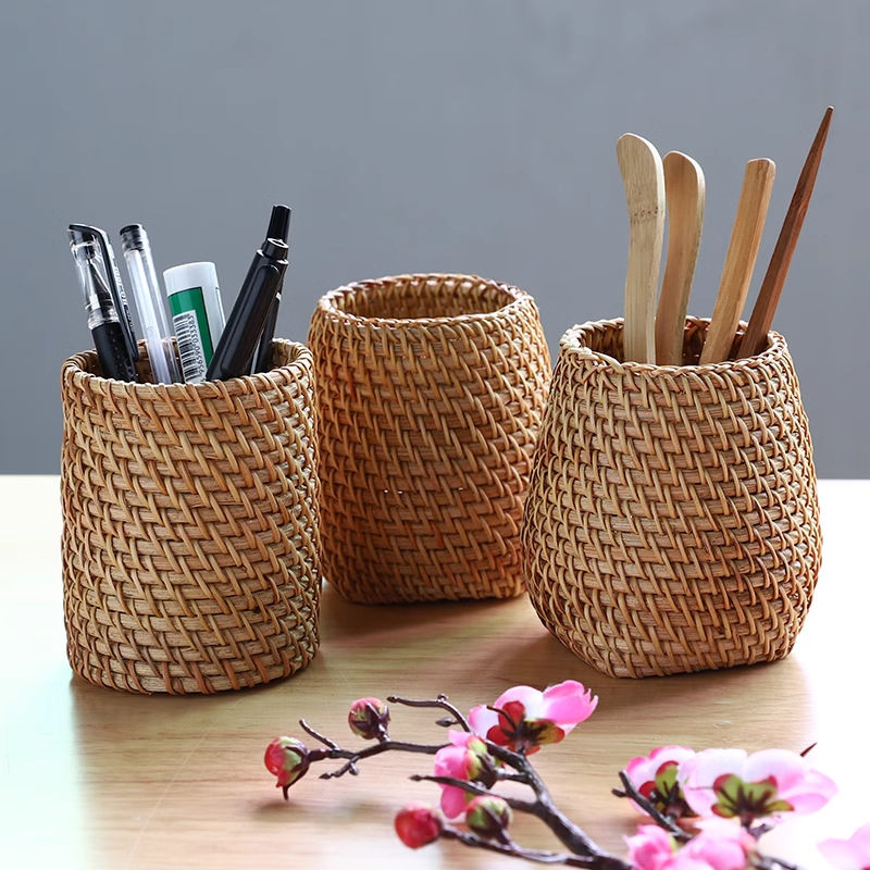 越南手工秋藤编茶道配件储物文具化妆笔筒收纳盒毛笔筒摆件收纳