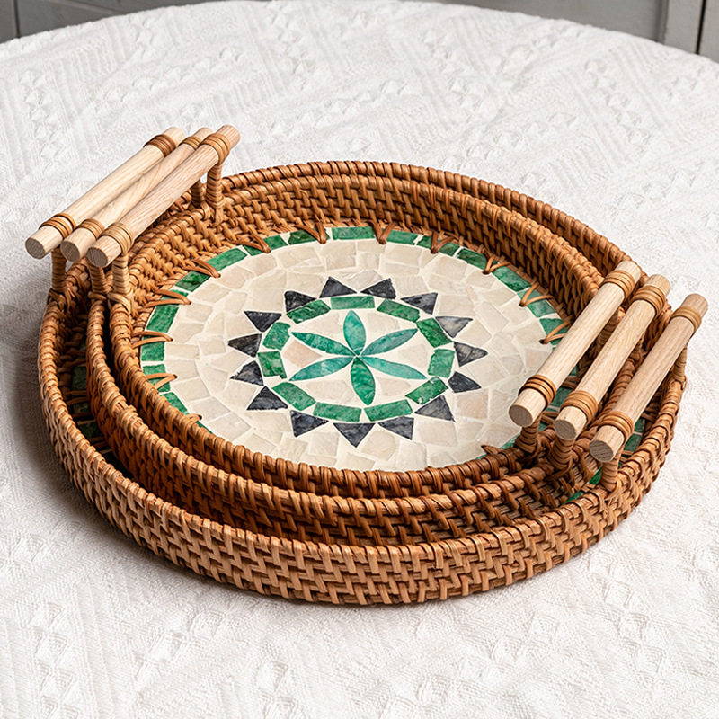 越南藤编贝壳托盘彩贝编织零食收纳篮点心零食托盘水果面包茶盘,特色手工艺,竹编/竹雕,淘宝优惠券,粉丝福利购,淘宝优惠卷
