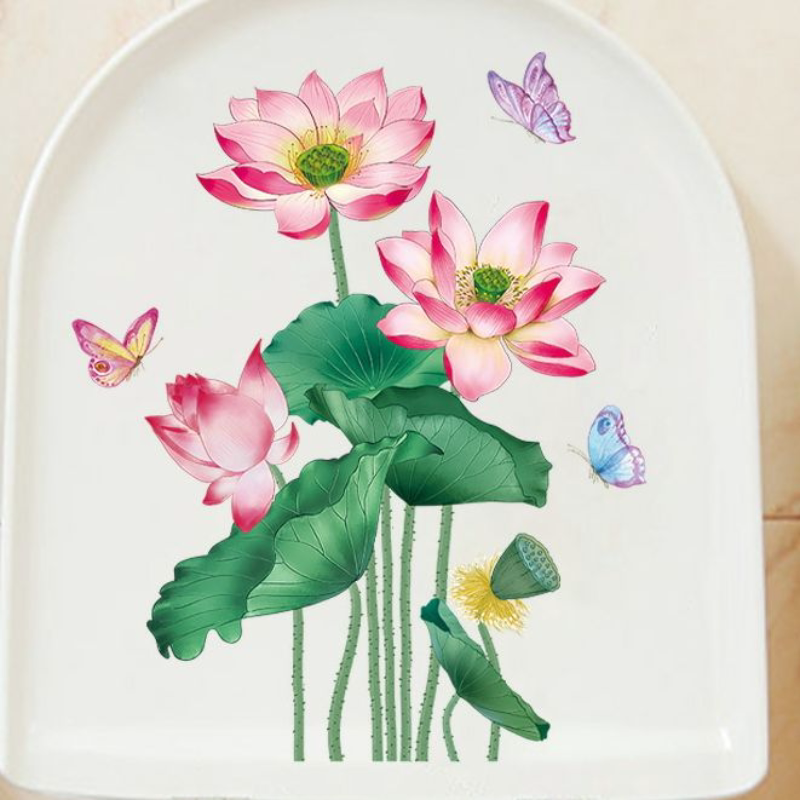 中式中国风荷花马桶贴纸自粘卫生间厕所马桶盖翻新装饰贴画