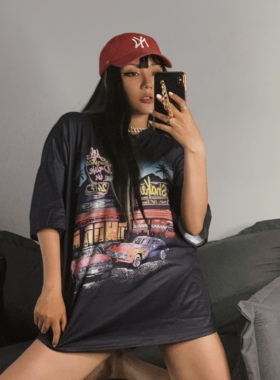 1996 美式复古爵士hippop露脐宽松印花学生T袖女Oversize短袖夏