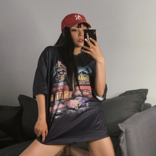 1996 美式复古爵士hippop露脐宽松印花学生T袖女Oversize短袖夏