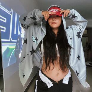 1996 美式街头ins潮蓝色连帽不规则跳舞爵士复古hippop卫衣外套女