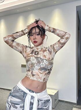 1996 撞色复古爵士舞弹力上衣长袖高领蕾丝拼接透视heels性感内搭