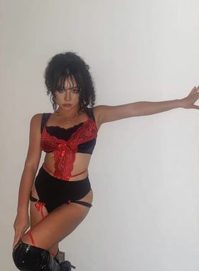 1996 爵士舞性感绑带红色舞台演出内搭弹力连体蕾丝吊带内衣上衣
